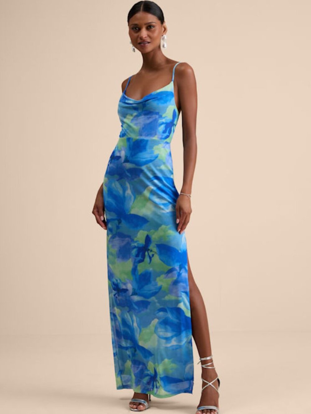 Lulus Sunniva Blue Multi Print Mesh Cowl Maxi Dress - Size XS